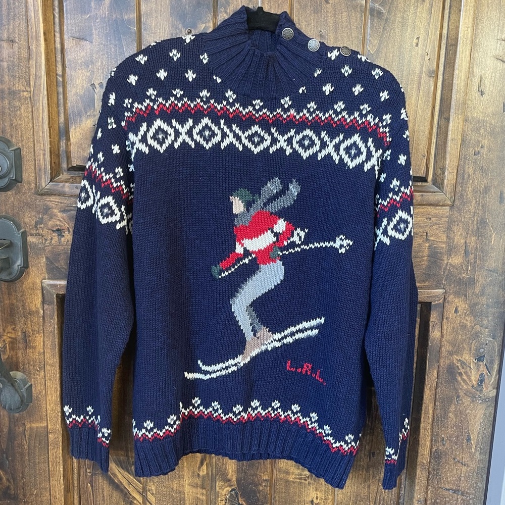 RALPH LAUREN Exclusive Hand Knit Skier Sweater 5 Snow Flake Buttons Womens Large